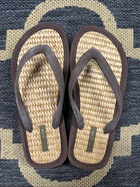 J. Crew Natural Straw Flip Flops with Brown Straps